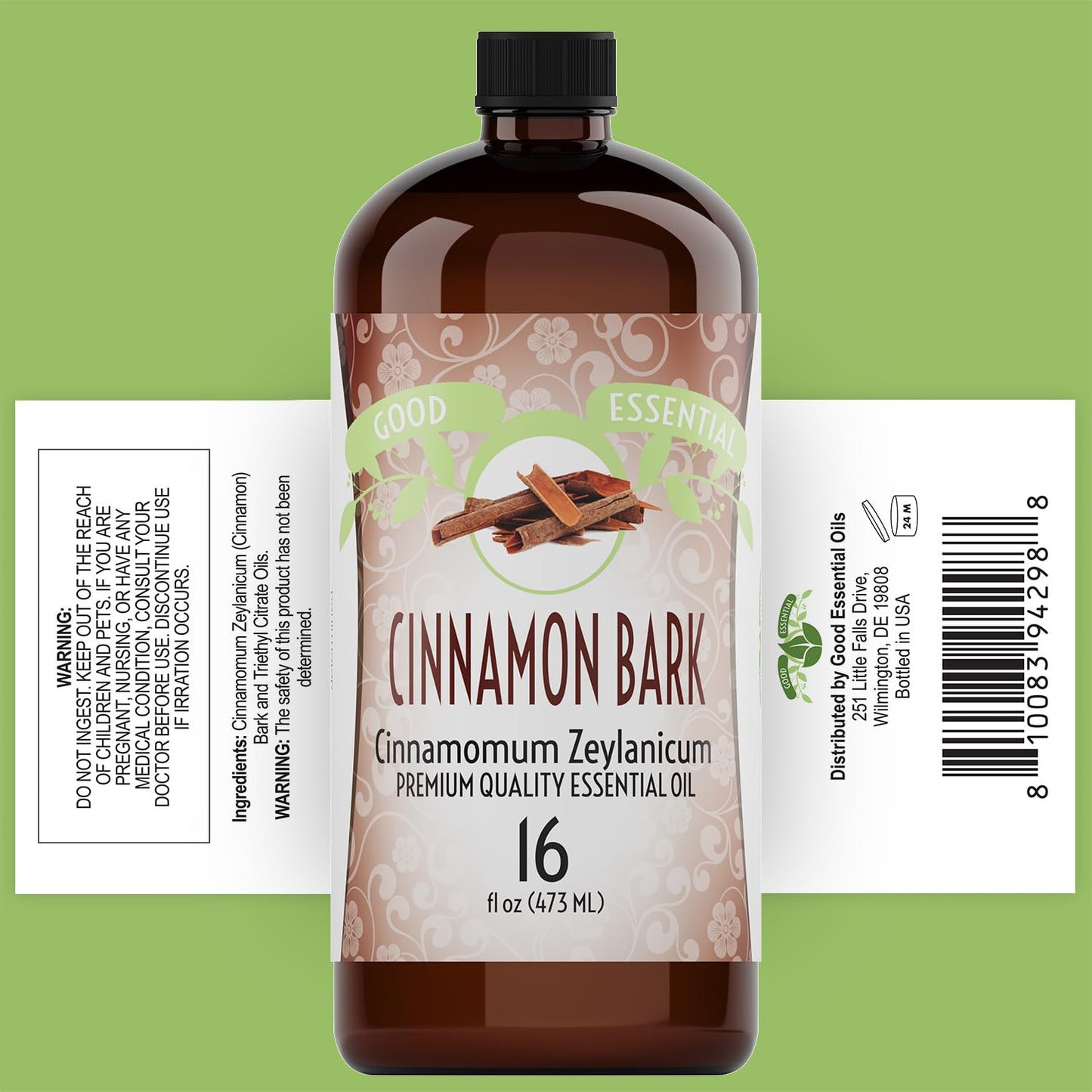 Good Essential Cinnamon Bark Oil Bulk, 16oz - Large Bottle for Diffuser, Humidifier, Massage, Bath Bomb, Skin & Hair Care