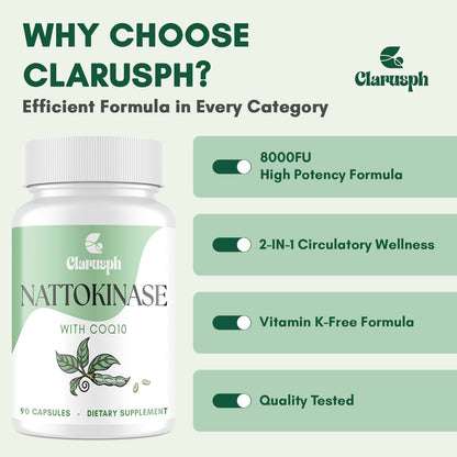 Clarusph Nattokinase Supplement for Circulation – 8000 FU + CoQ10, 90 Capsules, Gluten-Free