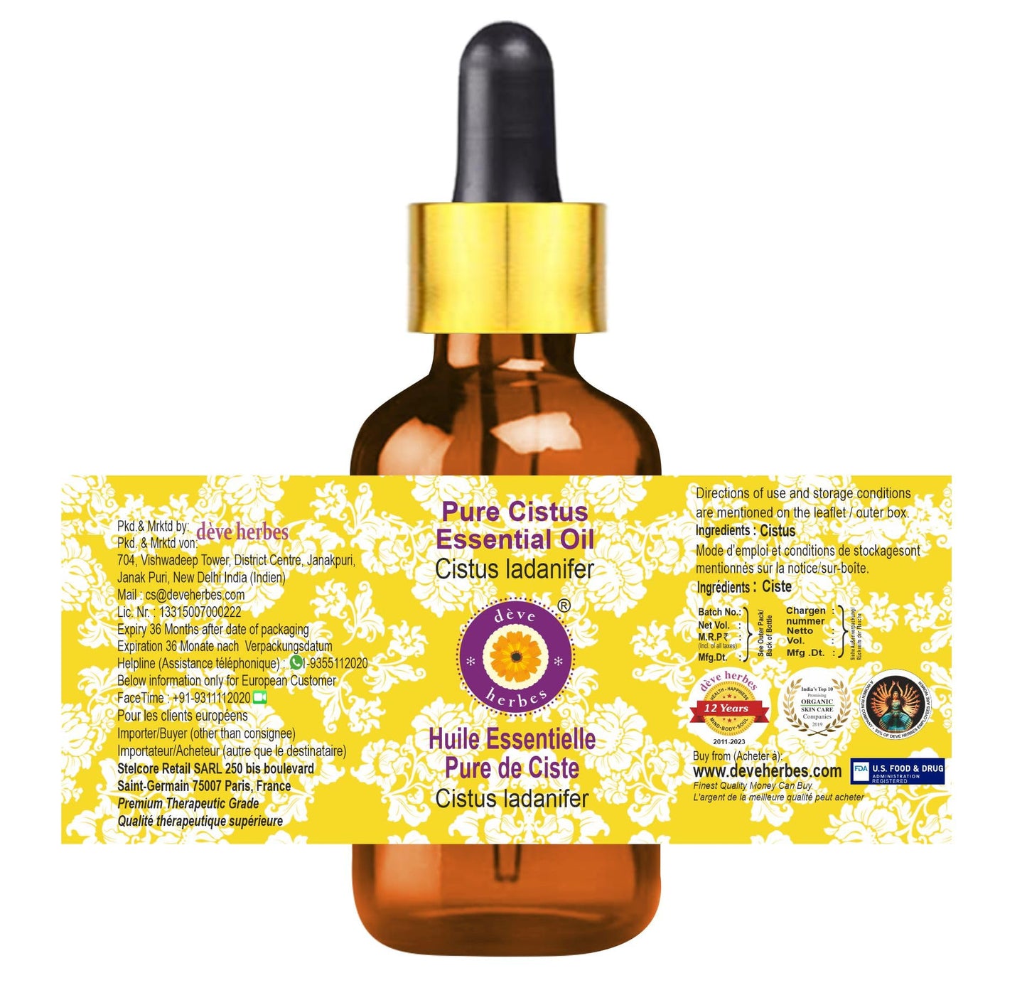 Deve Herbes Pure Cistus Essential Oil (Cistus ladanifer) – Steam Distilled 10ml with Glass Dropper