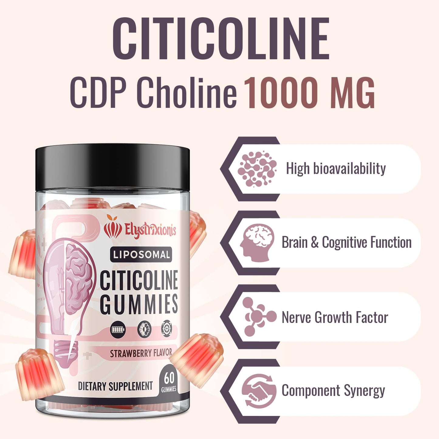 Citicoline CDP Choline Supplement for Memory & Focus | 1000mg + Lion's Mane 500mg | 60 Count