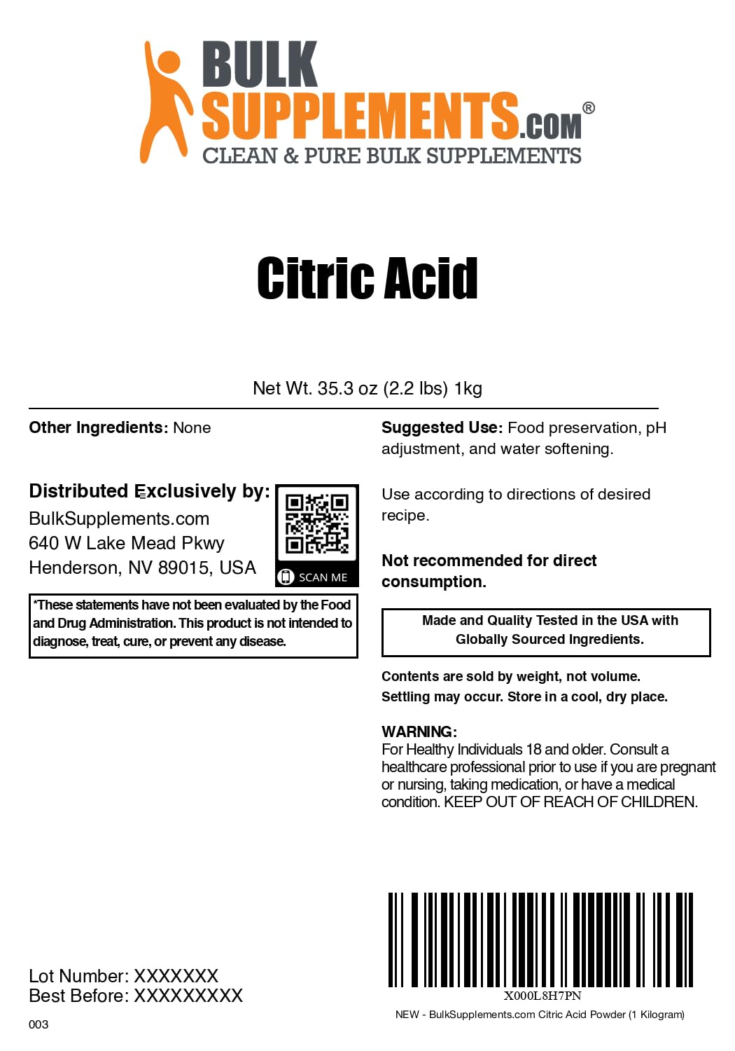 BulkSupplements Citric Acid Powder – Food Grade, Anhydrous, Gluten Free (1kg) | Cleaning & Bath Bombs