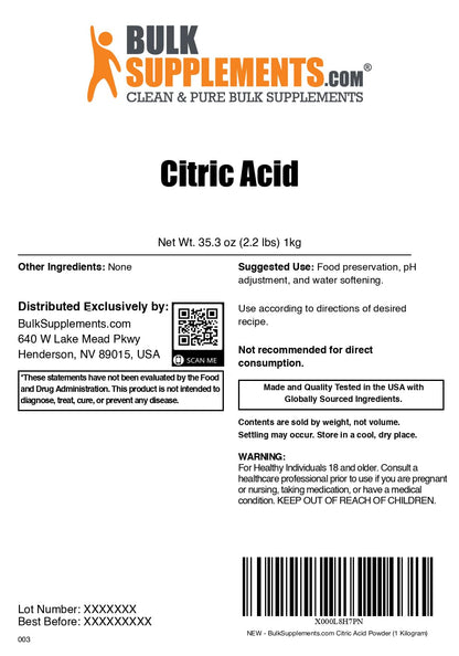 BulkSupplements Citric Acid Powder – Food Grade, Anhydrous, Gluten Free (1kg) | Cleaning & Bath Bombs