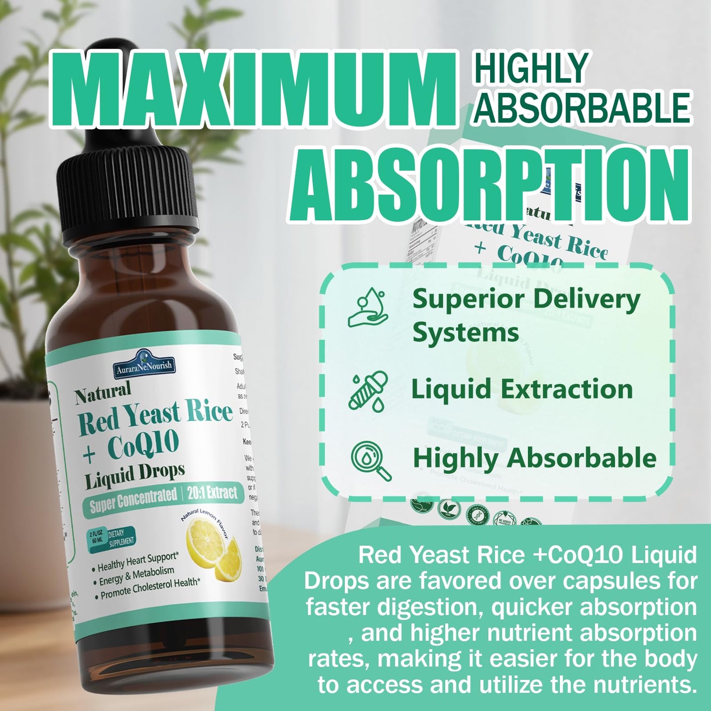 Red Yeast Rice with CoQ10 Liposomal Drops – 1200mg, 5-in-1 Cholesterol Support
