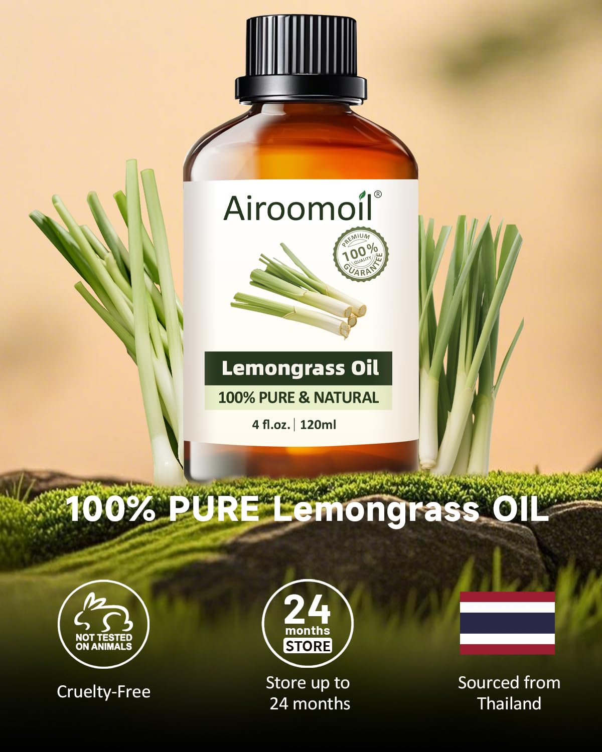 Airoomoil Pure Citronella Essential Oil – 100% Natural, Premium Grade, 4 oz (120 ml) for Diffusers, Skin, Soap, Aromatherapy