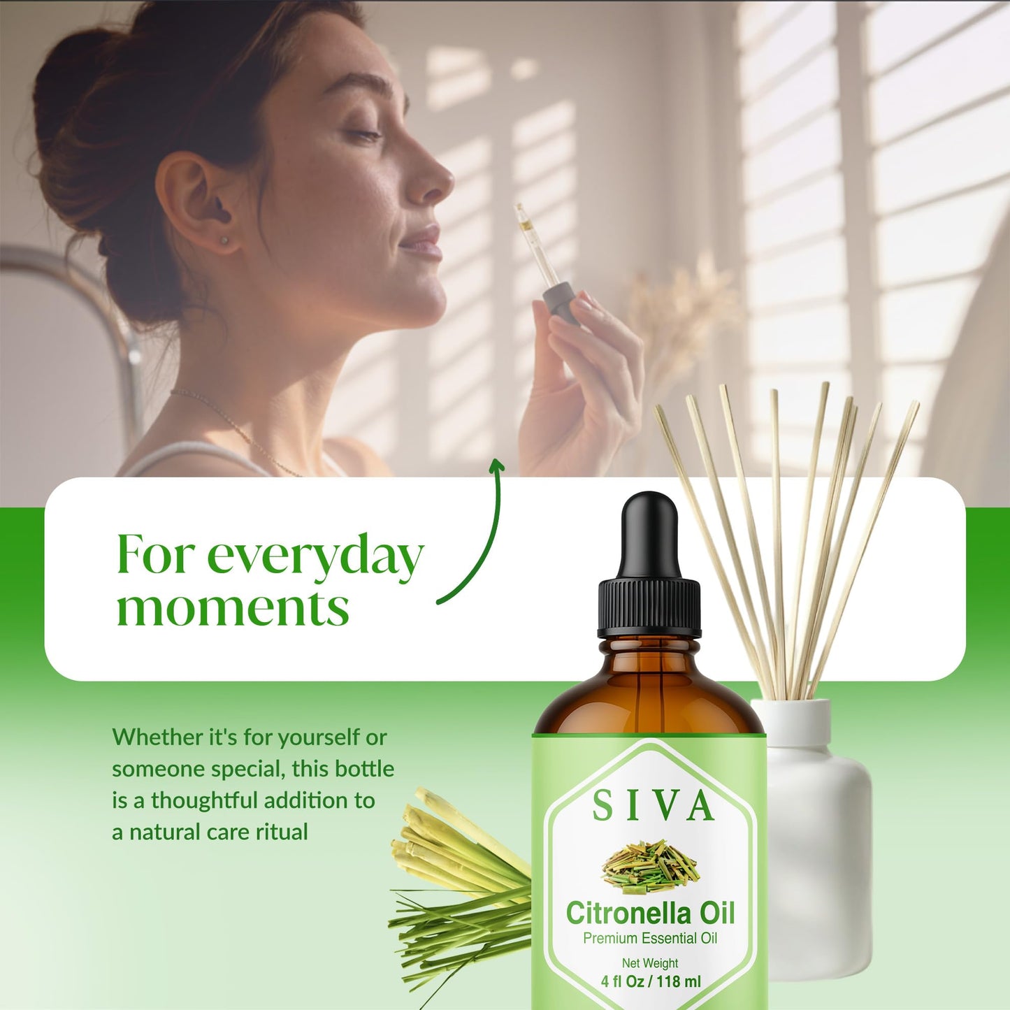 Siva Citronella Essential Oil 4oz - 100% Natural | Diffuser, Skin & Hair Care | With Dropper