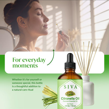 Siva Citronella Essential Oil 4oz - 100% Natural | Diffuser, Skin & Hair Care | With Dropper