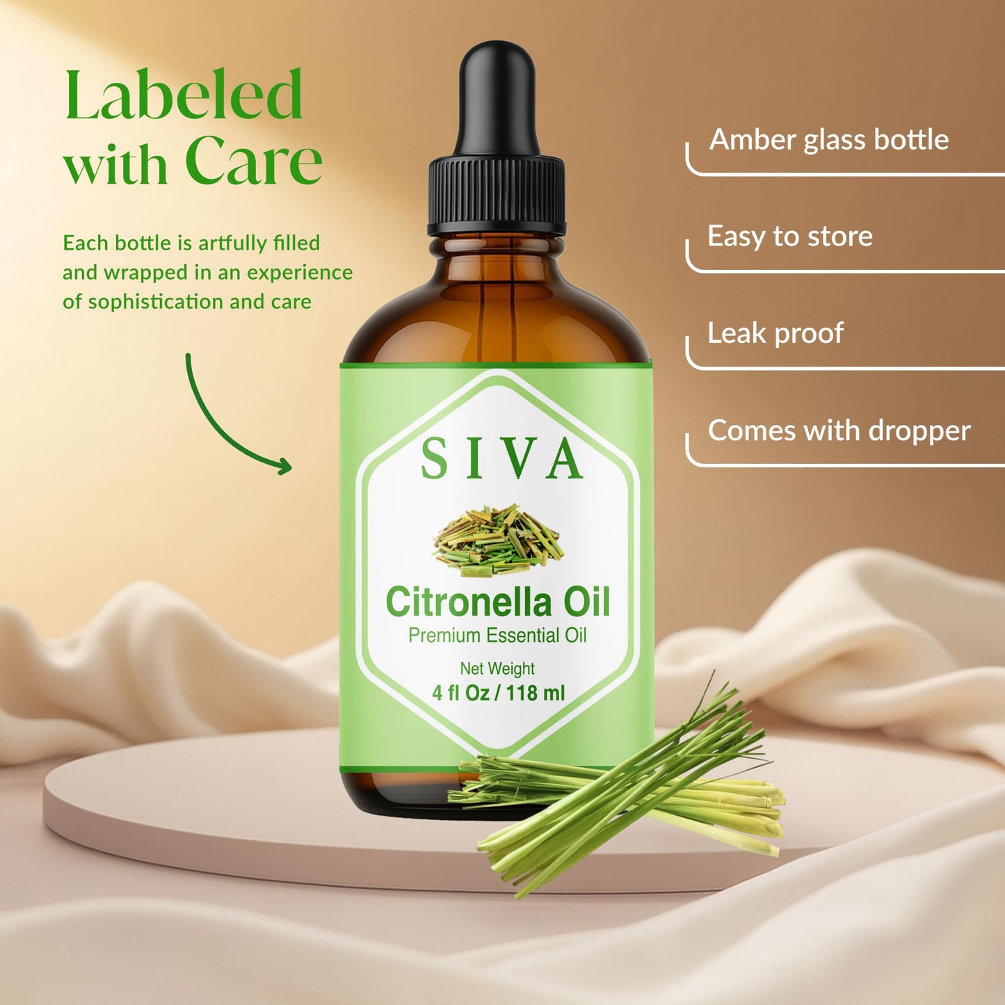 Siva Citronella Essential Oil 4oz - 100% Natural | Diffuser, Skin & Hair Care | With Dropper