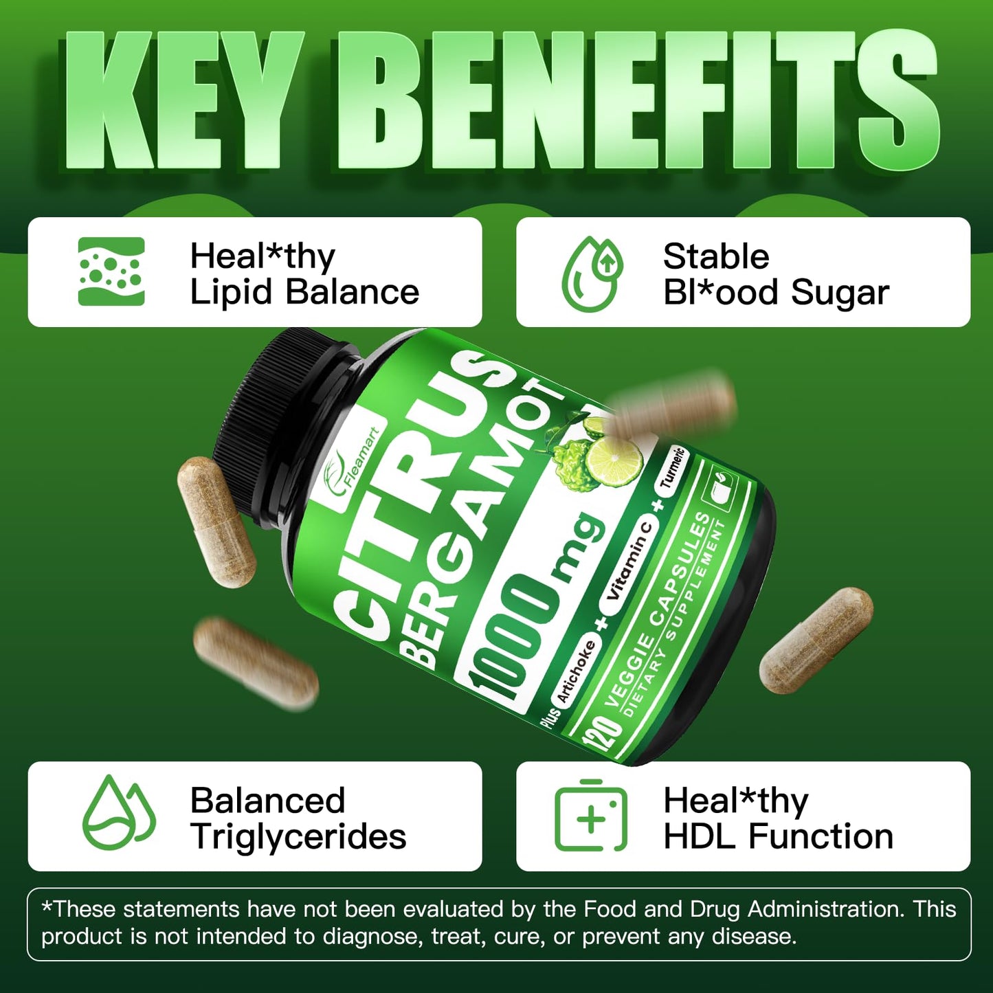 Citrus Bergamot 1000mg with Vitamin C – High Absorption 120 Capsules (Gluten Free, Non-GMO, Vegan)