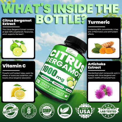 Citrus Bergamot 1000mg with Vitamin C – High Absorption 120 Capsules (Gluten Free, Non-GMO, Vegan)