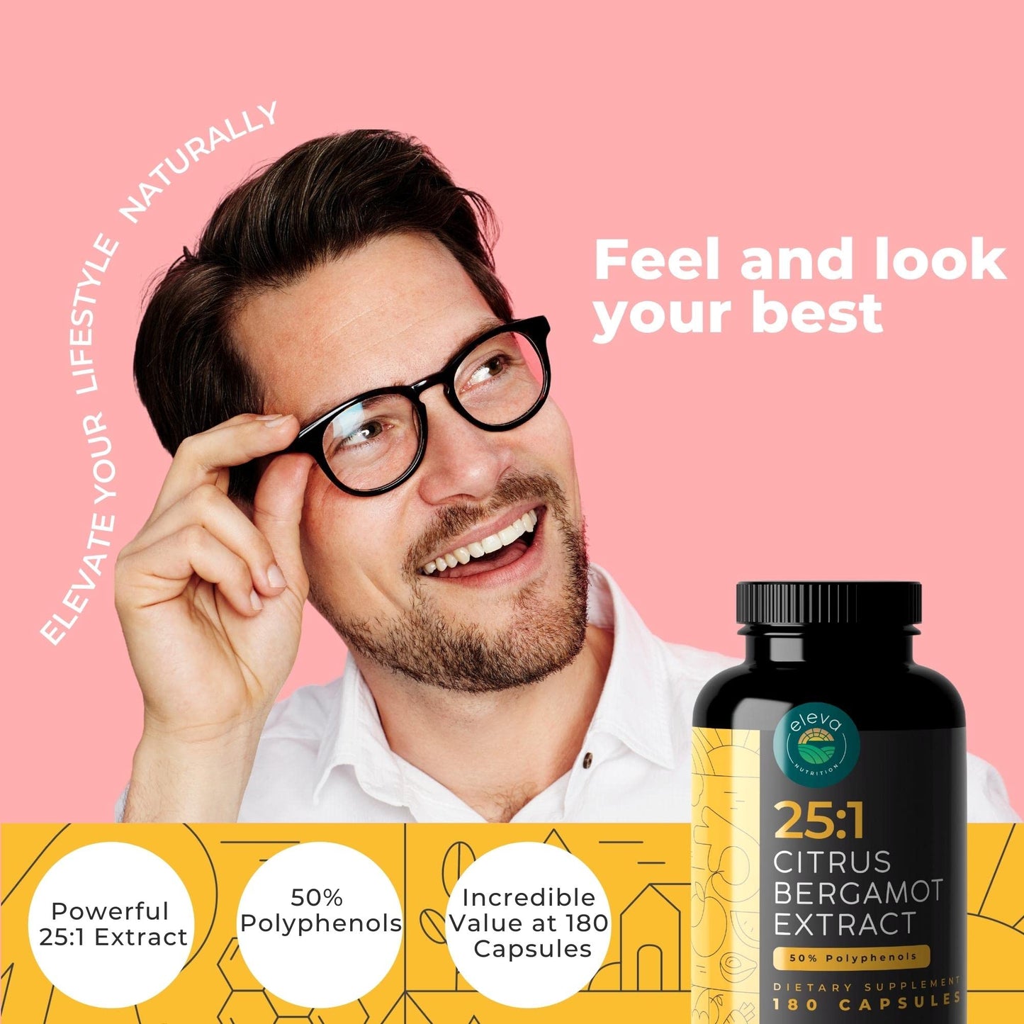 Citrus Bergamot Extract 1000mg Capsules – 25:1 | 50% Polyphenols | 5mg Black Pepper | Vegan & Non-GMO | 180 Capsules | Eleva Nutrition