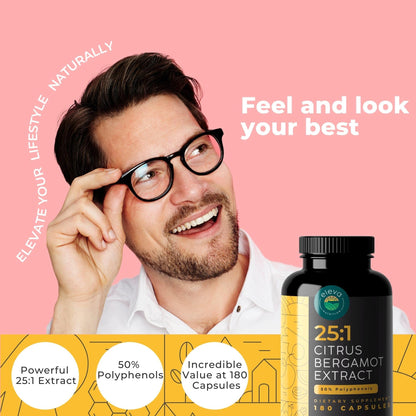 Citrus Bergamot Extract 1000mg Capsules – 25:1 | 50% Polyphenols | 5mg Black Pepper | Vegan & Non-GMO | 180 Capsules | Eleva Nutrition
