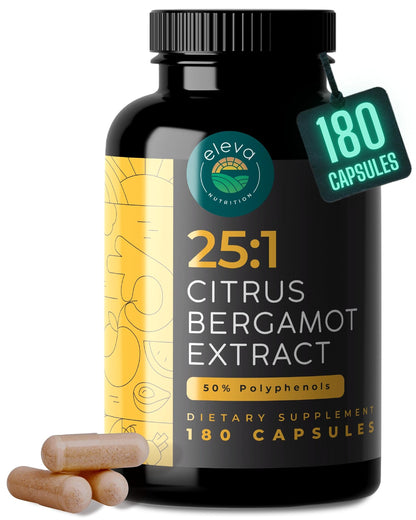 Citrus Bergamot Extract 1000mg Capsules – 25:1 | 50% Polyphenols | 5mg Black Pepper | Vegan & Non-GMO | 180 Capsules | Eleva Nutrition