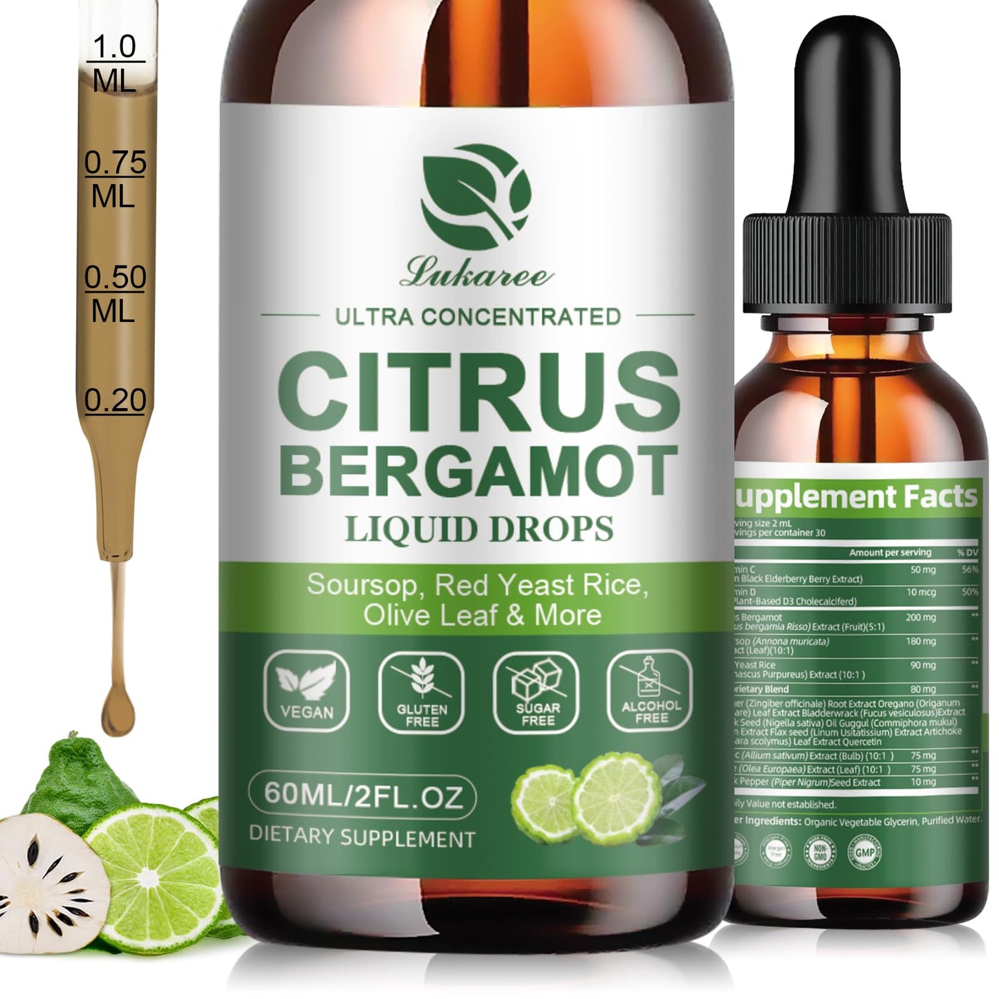 Citrus Bergamot Liquid Drops – High Absorption (2 Fl Oz) with Soursop, Garlic, Olive Leaf & Red Yeast Rice