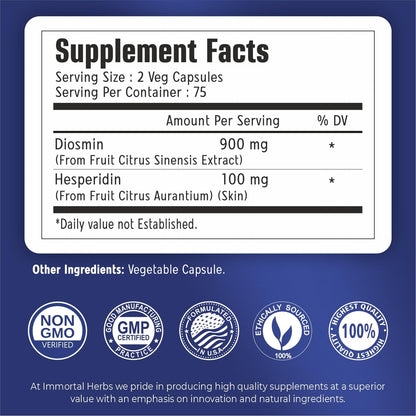 Immortal Herbs Diosmin Hesperidin 1000mg Complex – 150 Vegan Capsules | Gluten Free & Non-GMO