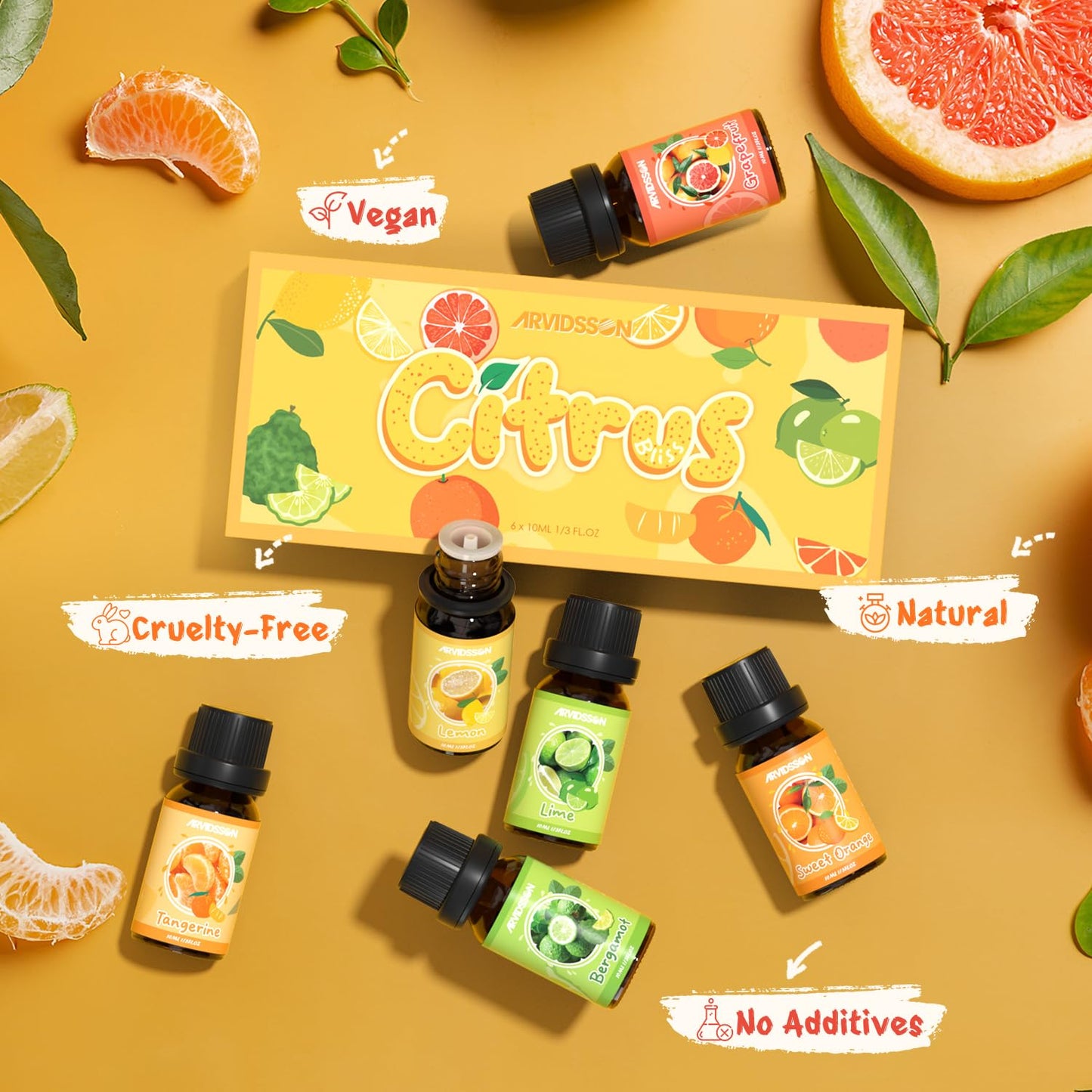 Citrus Essential Oils Set for Diffuser | ARVIDSSON Grapefruit, Bergamot, Orange, Lemon, Lime, Tangerine