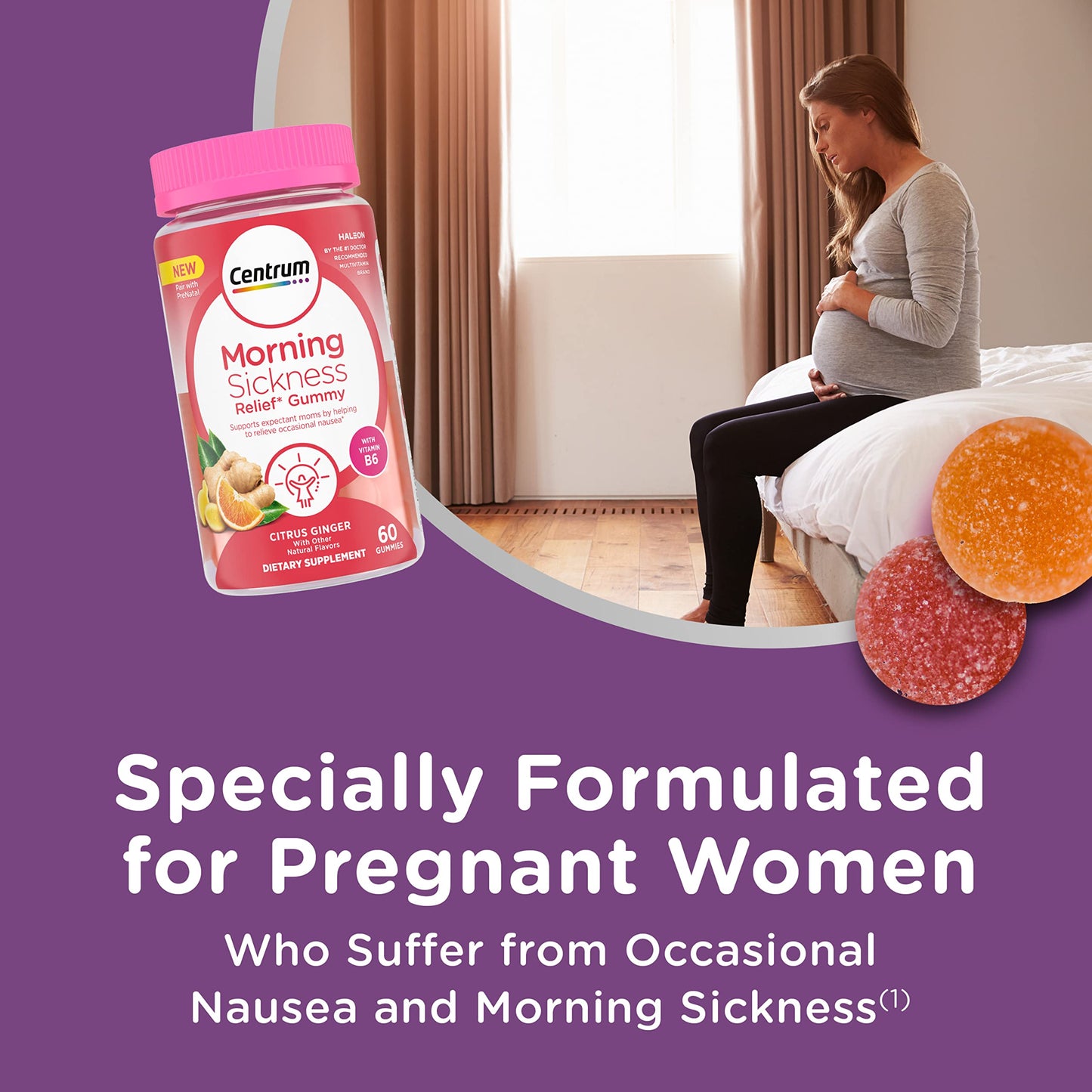Centrum Morning Sickness Relief Gummies – Citrus Ginger, 60-Count, Gluten-Free
