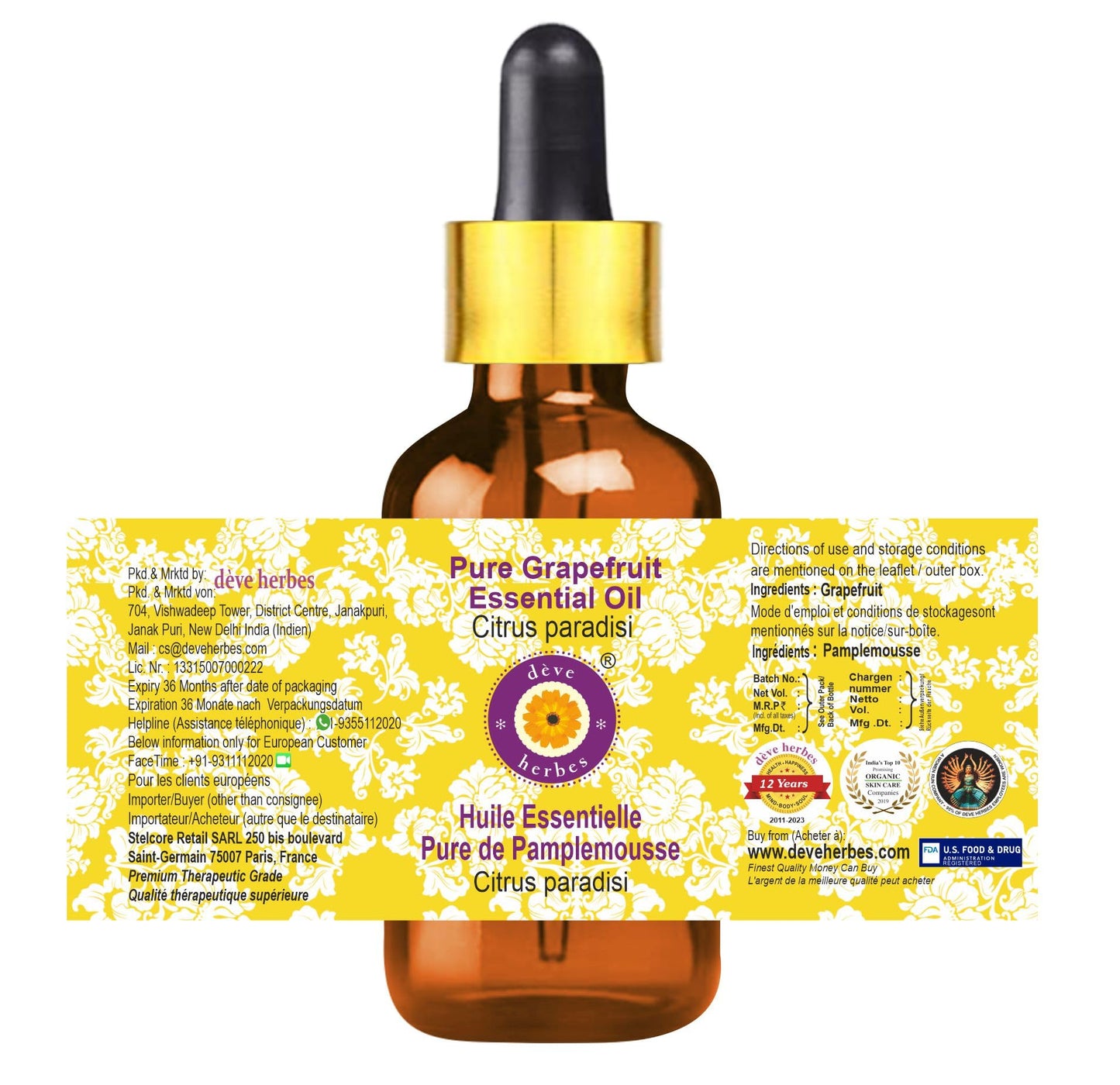 Deve Herbes Grapefruit Essential Oil (Citrus paradisi) - Steam Distilled 15ml