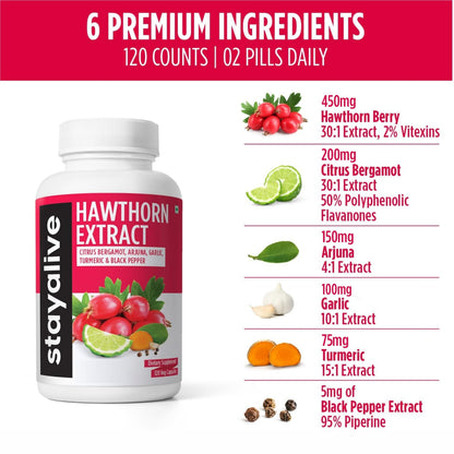 STAY ALIVE Hawthorn Berry Capsules 20:1 Extract – 6-in-1 Antioxidant, 120 Vegan Pills