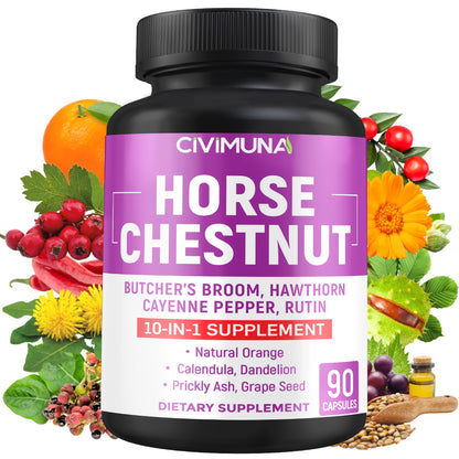 CIVIMUNA Horse Chestnut Capsules – 90 Capsules (3 Months Supply) with Butcher's Broom, Cayenne & More