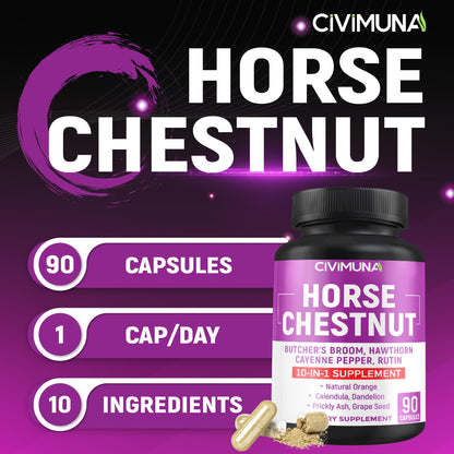 CIVIMUNA Horse Chestnut Capsules – 90 Capsules (3 Months Supply) with Butcher's Broom, Cayenne & More