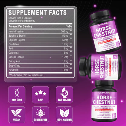CIVIMUNA Horse Chestnut Capsules – 90 Capsules (3 Months Supply) with Butcher's Broom, Cayenne & More