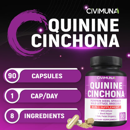 CIVIMUNA Quinine Cinchona Bark Capsules – 90 Count for 3 Months