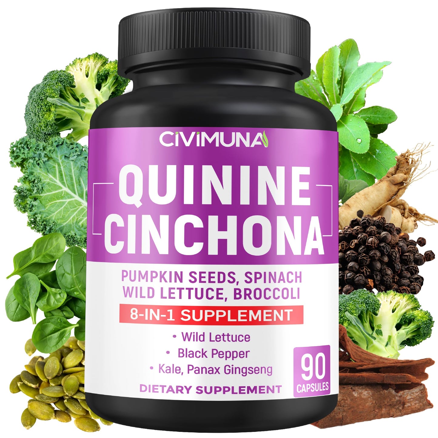 CIVIMUNA Quinine Cinchona Bark Capsules – 90 Count for 3 Months