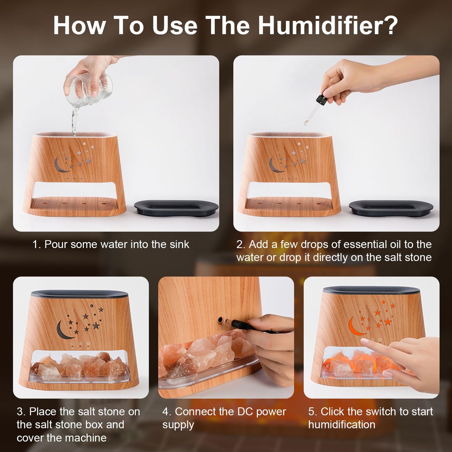 cjc 2-in-1 Ultrasonic Diffuser & Himalayan Salt Lamp — 260ml, 8-Color Flame, Auto-Off