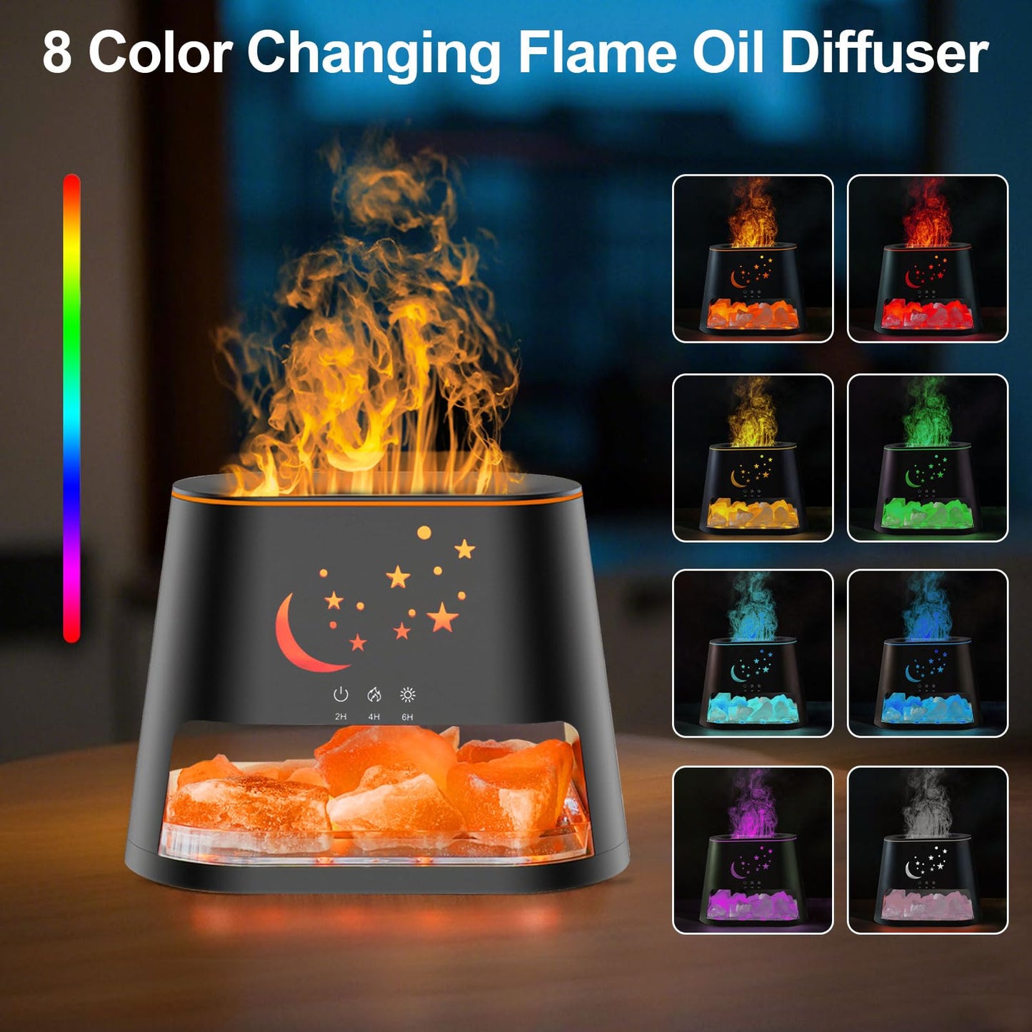 cjc 2-in-1 Ultrasonic Diffuser & Himalayan Salt Lamp — 260ml, 8-Color Flame, Auto-Off