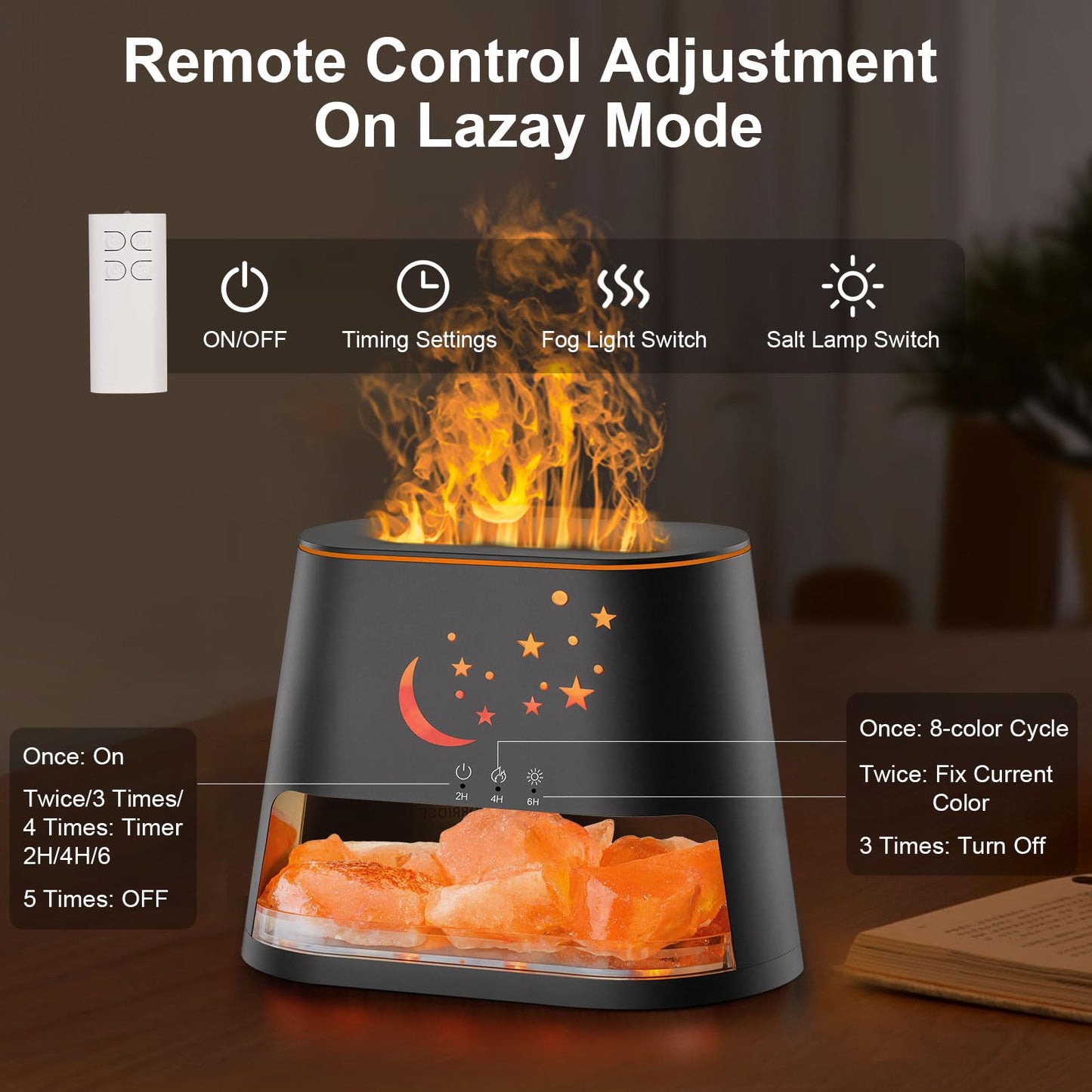 cjc 2-in-1 Ultrasonic Diffuser & Himalayan Salt Lamp — 260ml, 8-Color Flame, Auto-Off
