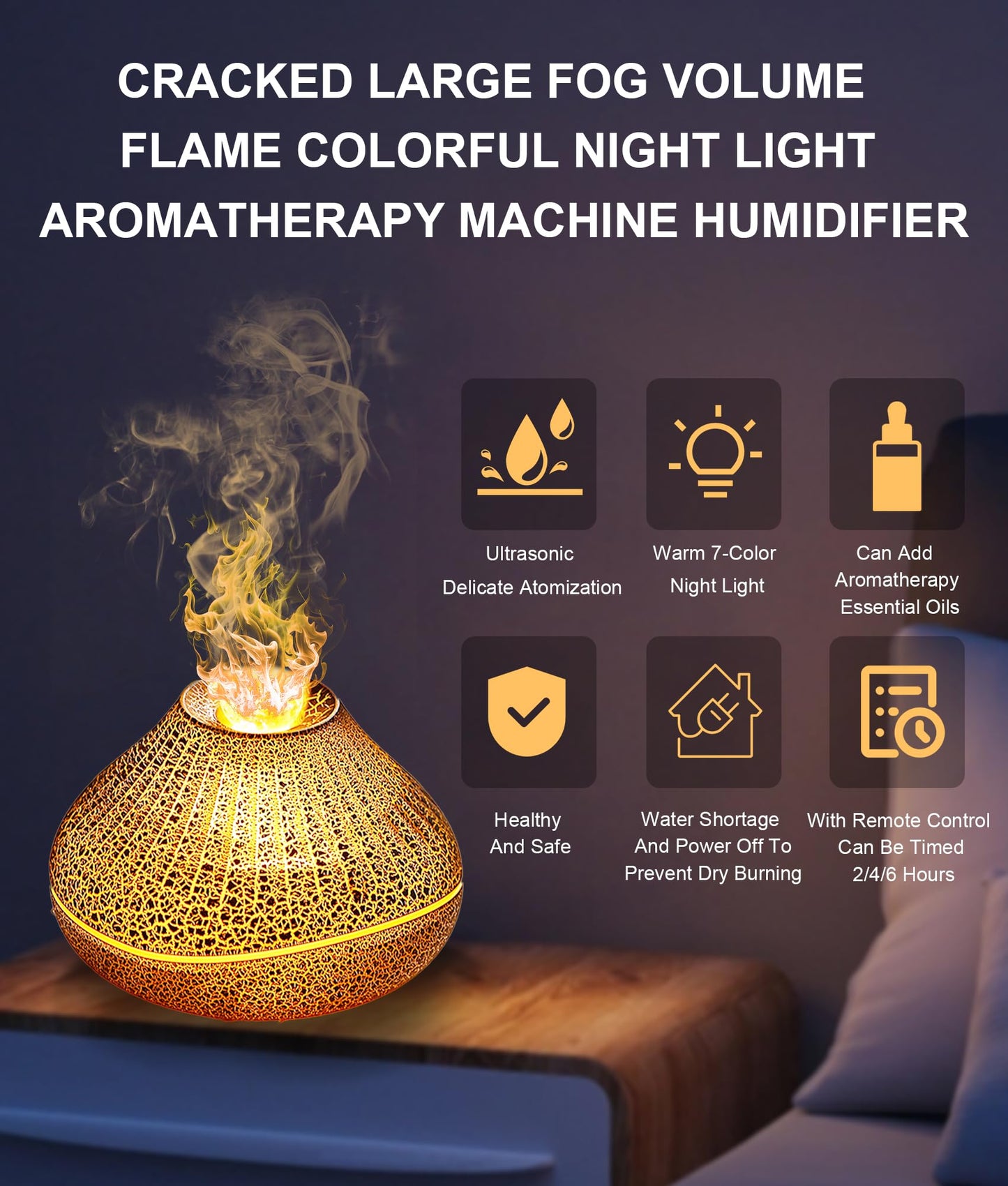 CJC Essential Oil Volcano Diffuser – LED Flame, 7-Color Lights, Quiet Mist, Auto-Off, 160ml with 4 Oils