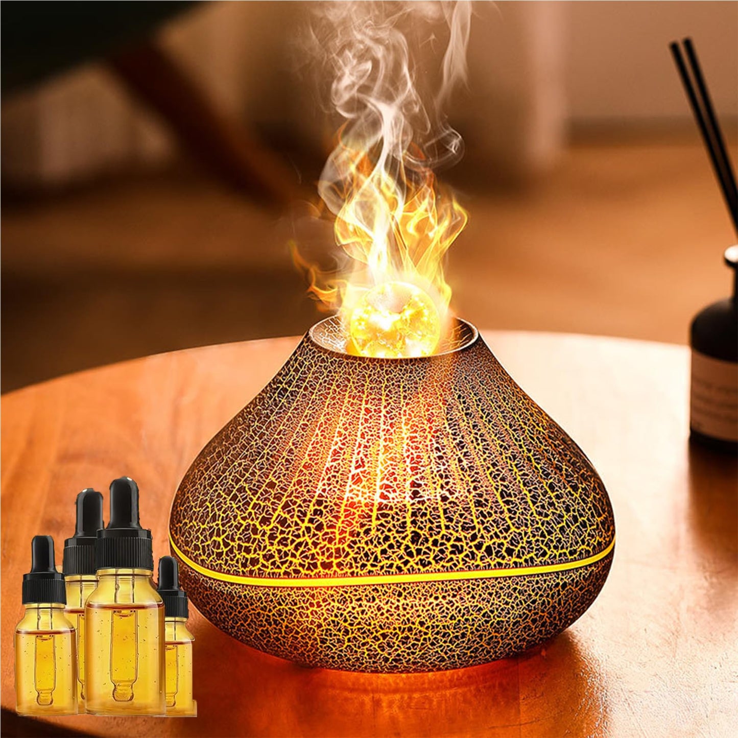 CJC Essential Oil Volcano Diffuser – LED Flame, 7-Color Lights, Quiet Mist, Auto-Off, 160ml with 4 Oils