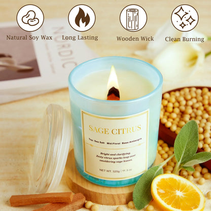 CJVIUS 2 Pack Candles – Sage Citrus Wood Wick, 22.6 oz, 150 Hours