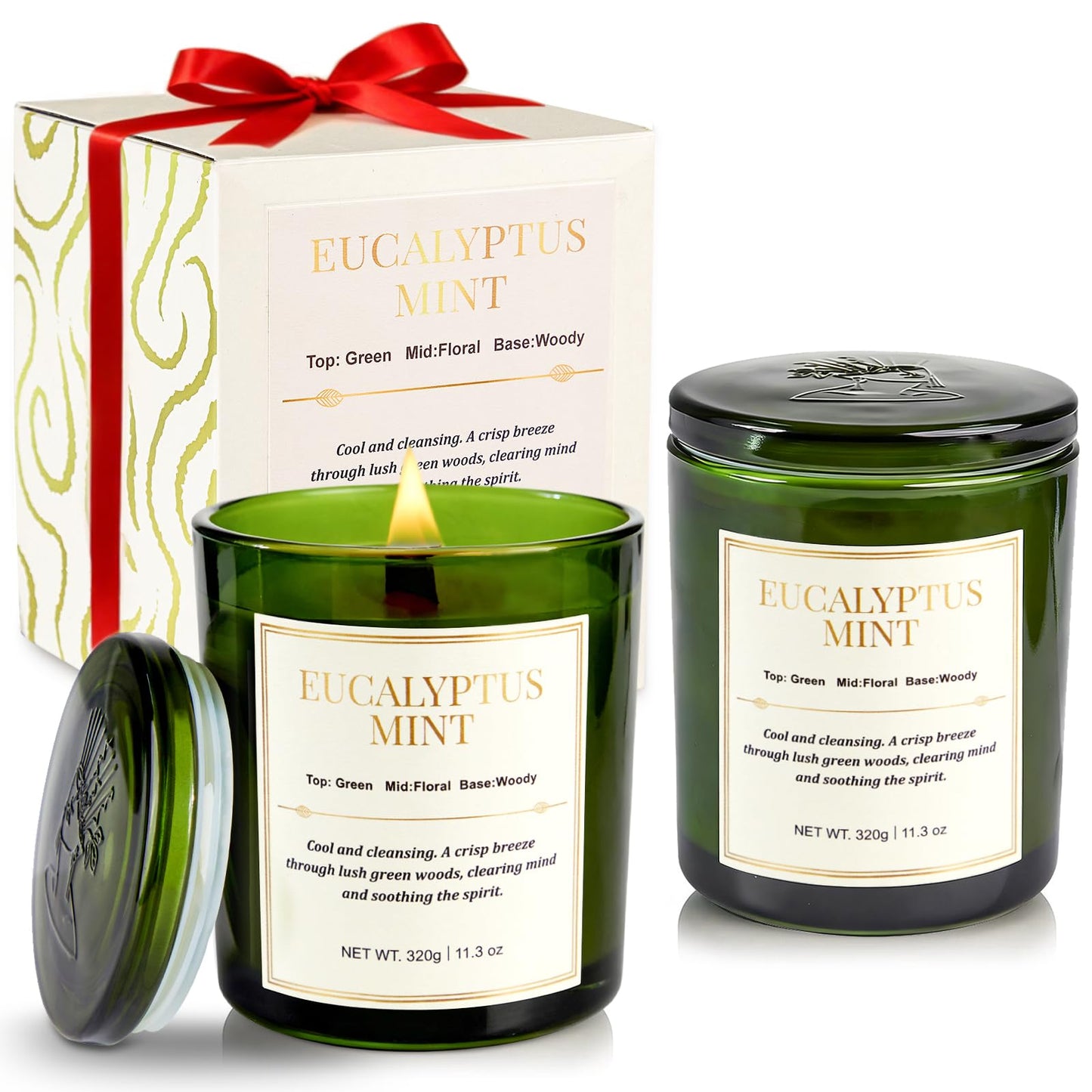 CJVIUS 2 Pack Candles – Wood Wick Eucalyptus Mint, 22.6 oz, 150 Hour Burn Time