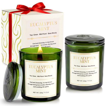 CJVIUS 2 Pack Candles – Wood Wick Eucalyptus Mint, 22.6 oz, 150 Hour Burn Time