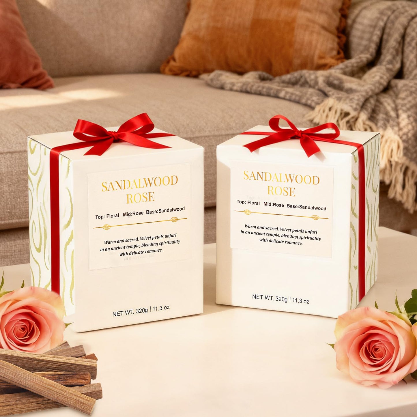 CJVIUS 2 Pack Candles – Wood Wick Sandalwood Rose, 22.6 oz, 150 Hour Burn Time, Natural Soy Wax Gift Set