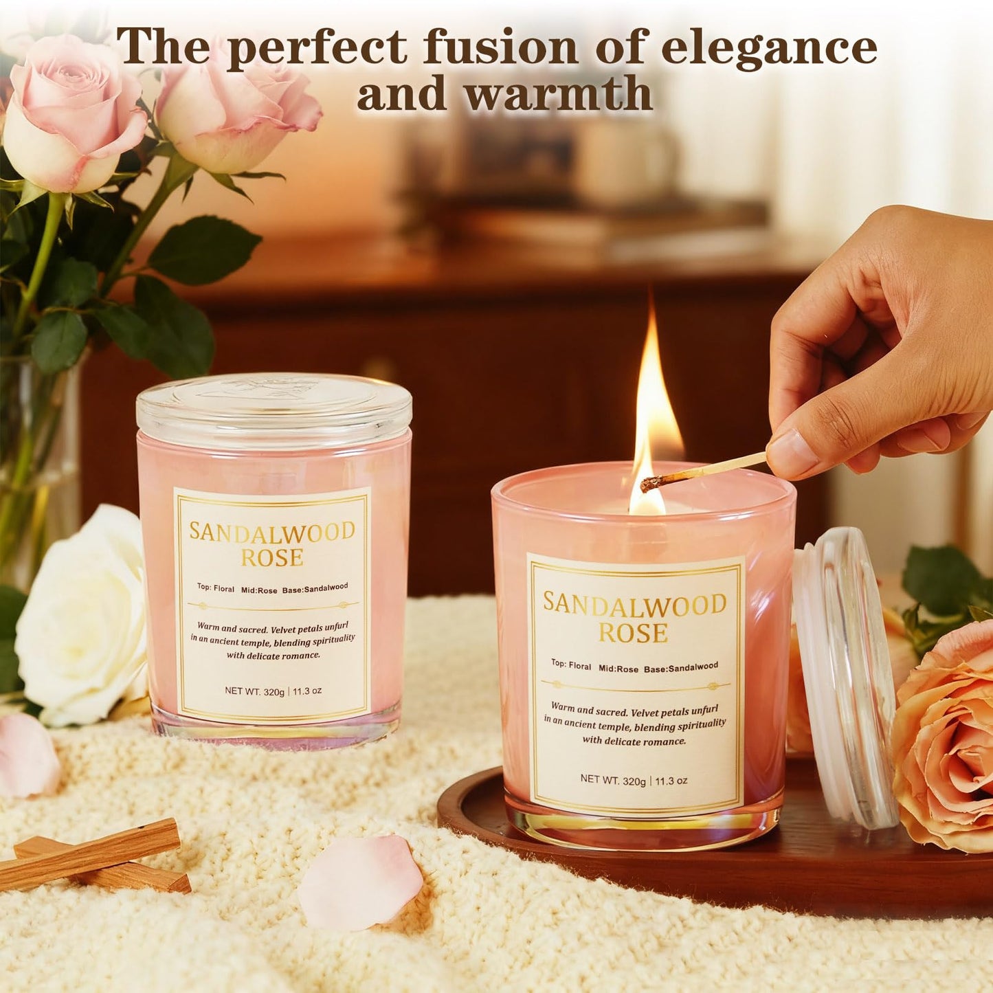 CJVIUS 2 Pack Candles – Wood Wick Sandalwood Rose, 22.6 oz, 150 Hour Burn Time, Natural Soy Wax Gift Set