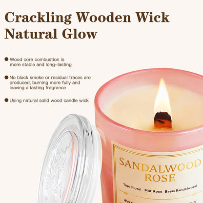 CJVIUS 2 Pack Candles – Wood Wick Sandalwood Rose, 22.6 oz, 150 Hour Burn Time, Natural Soy Wax Gift Set