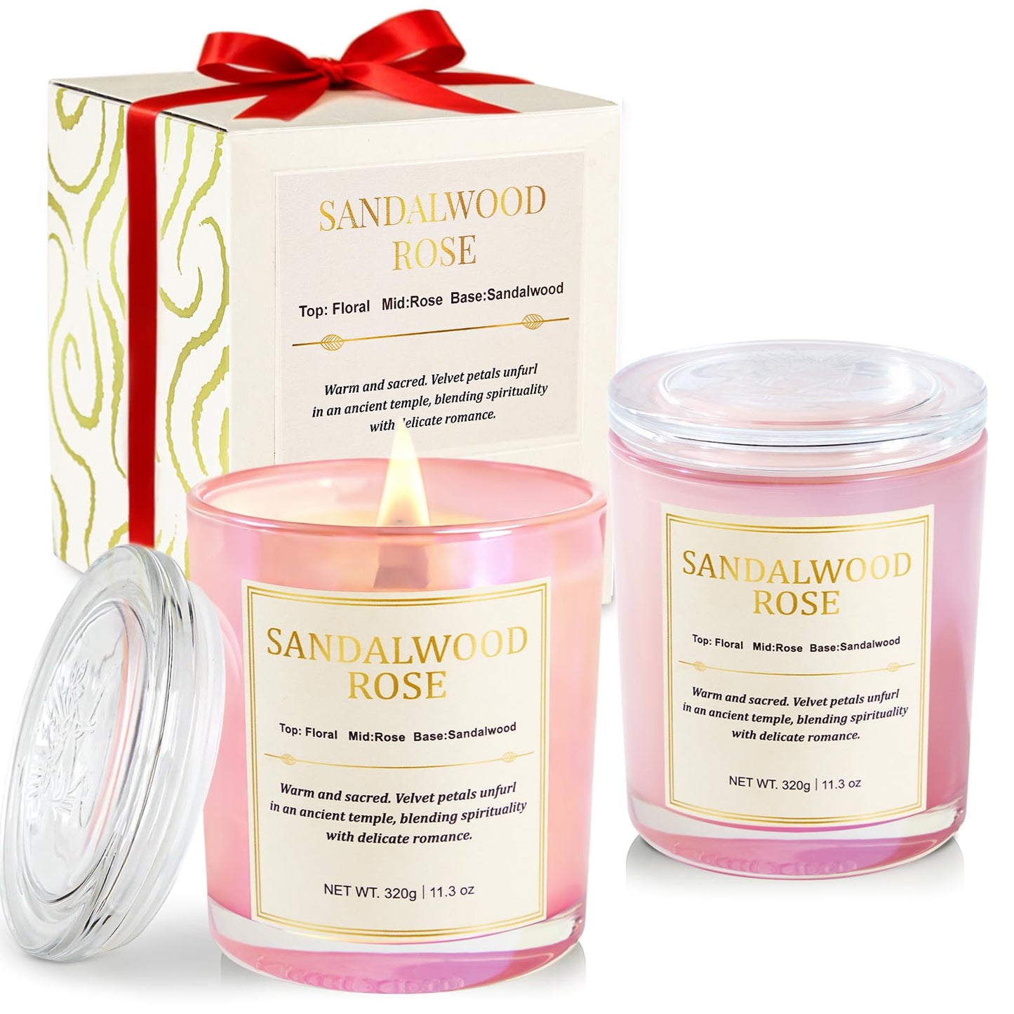 CJVIUS 2 Pack Candles – Wood Wick Sandalwood Rose, 22.6 oz, 150 Hour Burn Time, Natural Soy Wax Gift Set