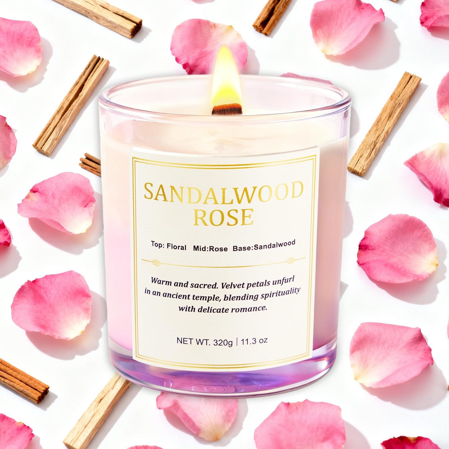 CJVIUS 2 Pack Candles – Wood Wick Sandalwood Rose, 22.6 oz, 150 Hour Burn Time, Natural Soy Wax Gift Set