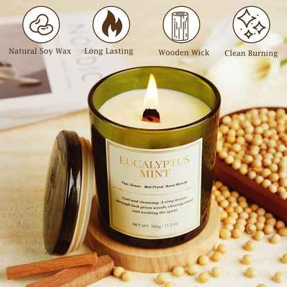 CJVIUS 2 Pack Candles – Wood Wick Eucalyptus Mint, 22.6 oz, 150 Hour Burn Time