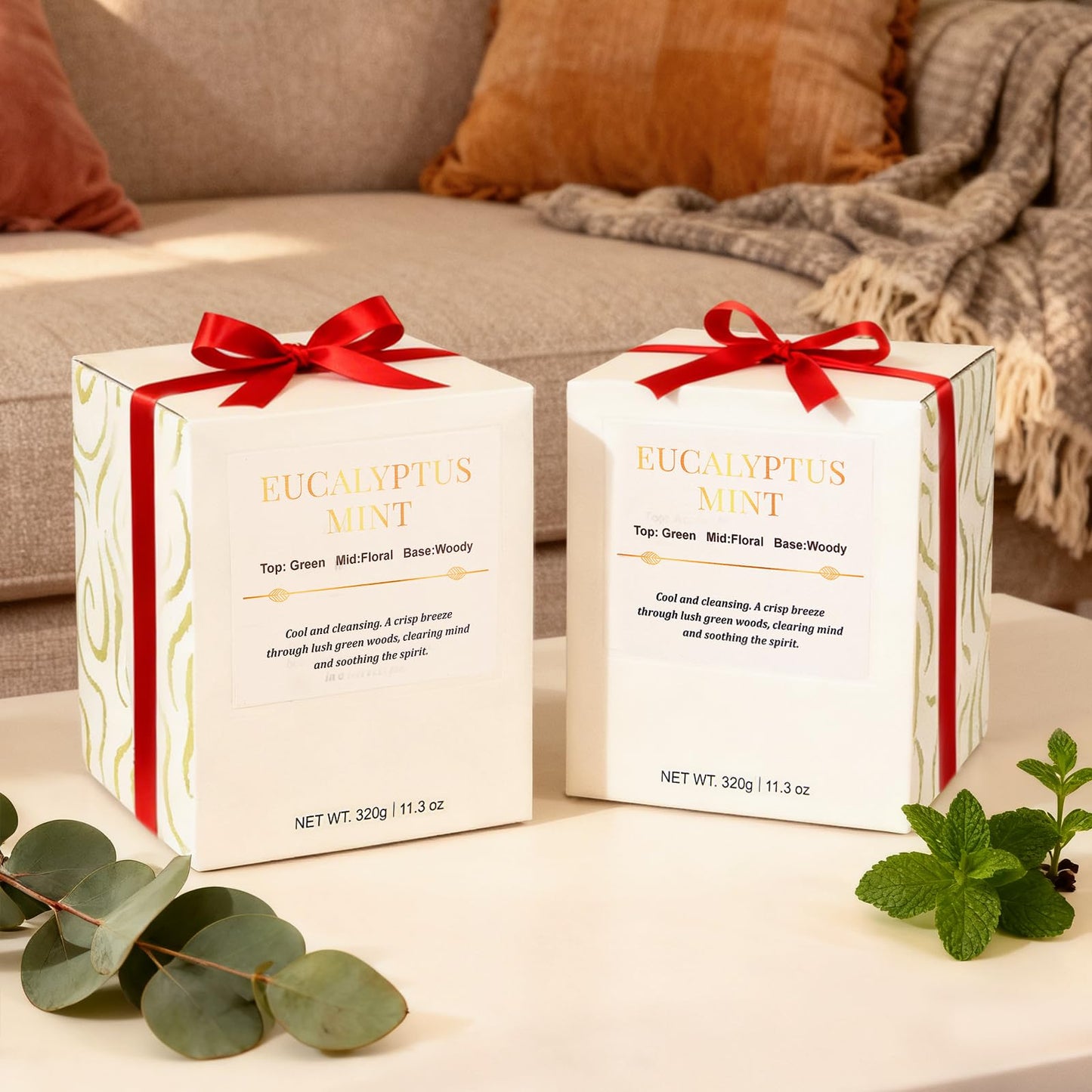 CJVIUS 2 Pack Candles – Wood Wick Eucalyptus Mint, 22.6 oz, 150 Hour Burn Time