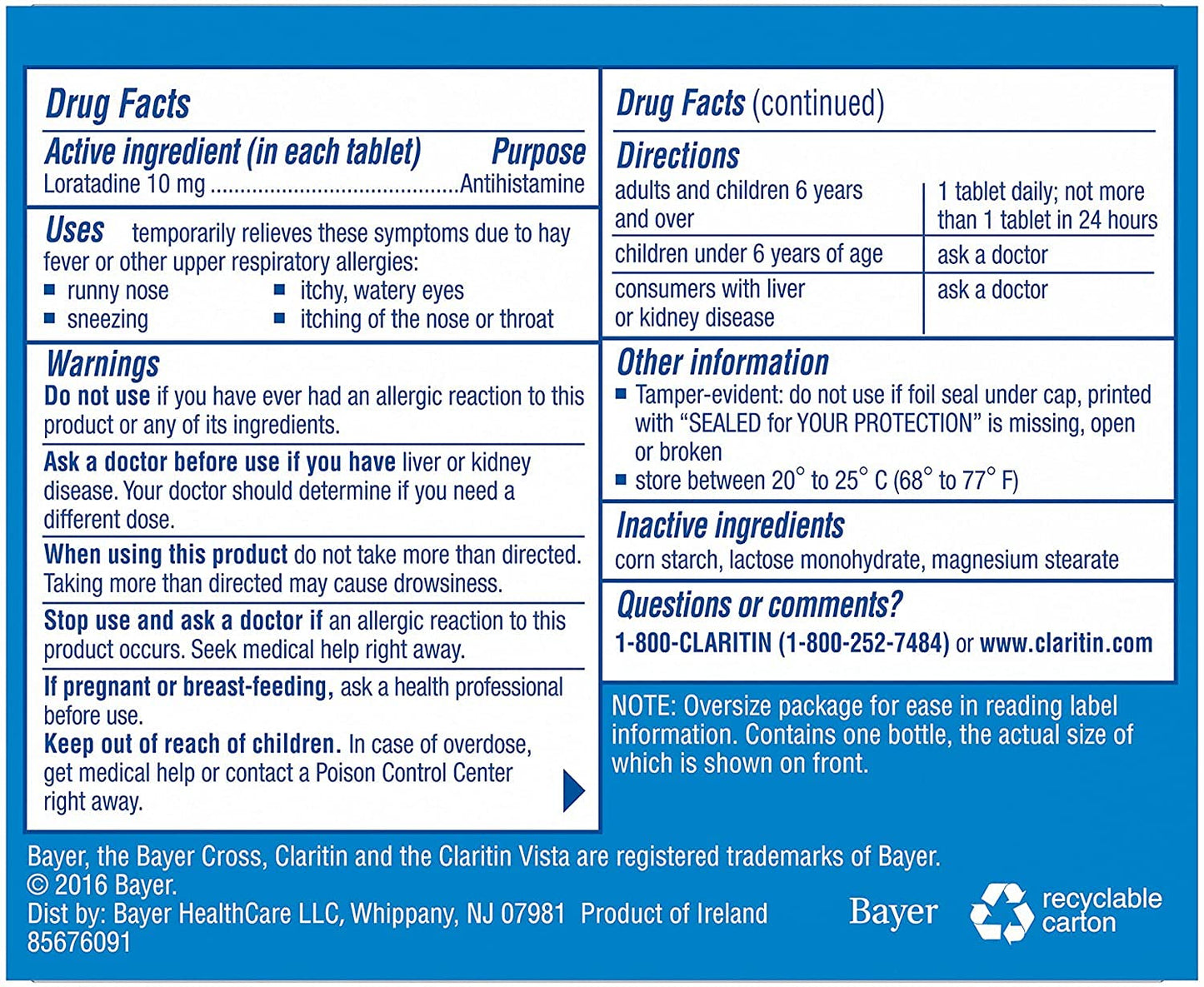 Claritin Indoor & Outdoor Allergy Relief, 90 Tablets – 24-Hour Symptom Relief