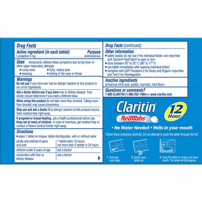 Claritin RediTabs 12 Hour Non-Drowsy Allergy Medicine | Loratadine 5 mg, 30 Count, Pack of 2