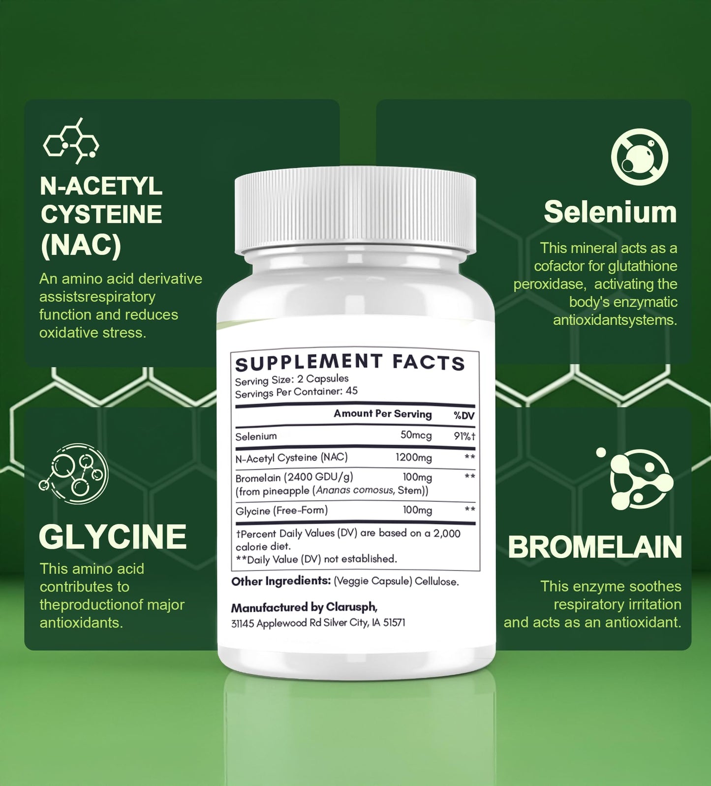 Clarusph NAC 1200mg – N-Acetyl Cysteine for Respiratory Support | Vegan, Gluten Free, 90 Caps