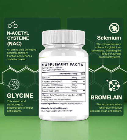 Clarusph NAC 1200mg – N-Acetyl Cysteine for Respiratory Support | Vegan, Gluten Free, 90 Caps