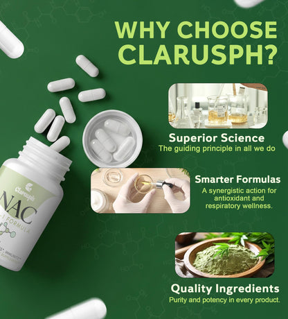 Clarusph NAC 1200mg – N-Acetyl Cysteine for Respiratory Support | Vegan, Gluten Free, 90 Caps