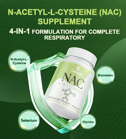 Clarusph NAC 1200mg – N-Acetyl Cysteine for Respiratory Support | Vegan, Gluten Free, 90 Caps