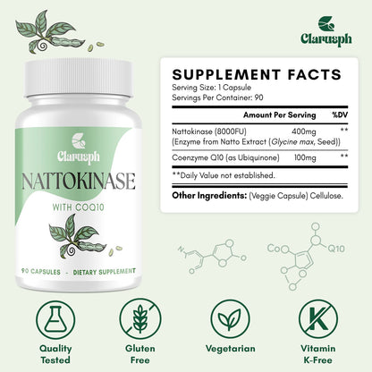 Clarusph Nattokinase Supplement for Circulation – 8000 FU + CoQ10, 90 Capsules, Gluten-Free