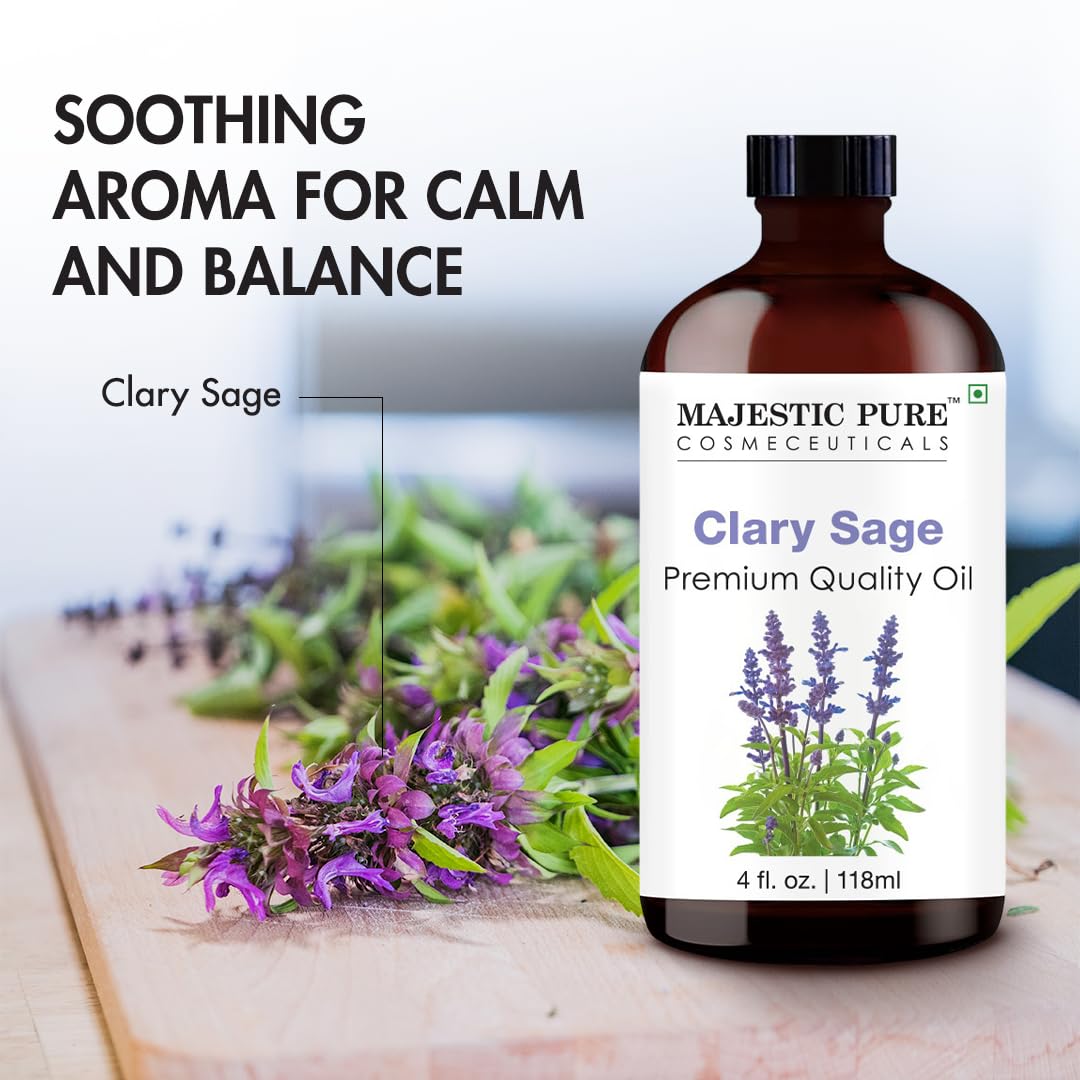 Majestic Pure Clary Sage Essential Oil – 4 oz Glass Bottle with Dropper, 100% Pure & Natural